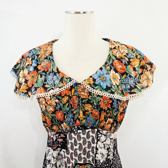 Vintage 60s 70s patchwork floral prairie dress maxi caplet fall boho women's - Picture 4 of 7